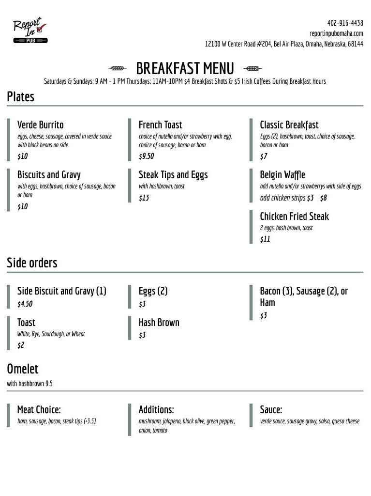 Report In Pub Breakfast Menu Report In Pub Breakfast Menu