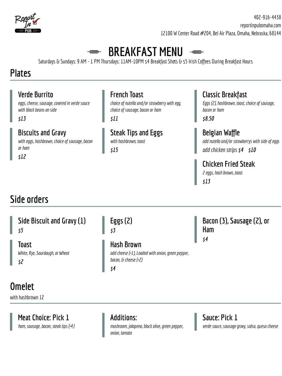 Report In Pub Breakfast Menu Report In Pub Breakfast Menu