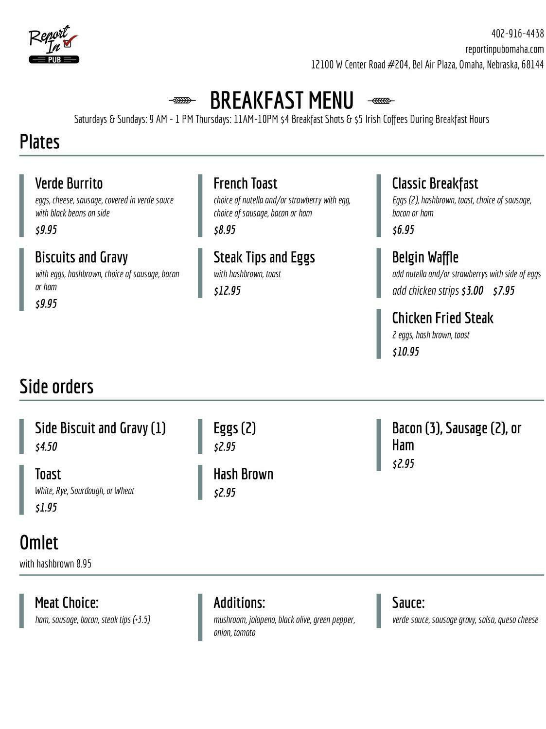 Report In Pub Breakfast Menu Report In Pub Breakfast Menu