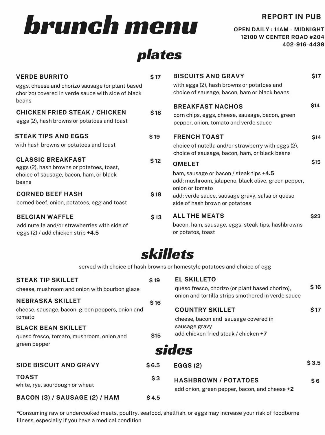 Report In Pub Breakfast Menu